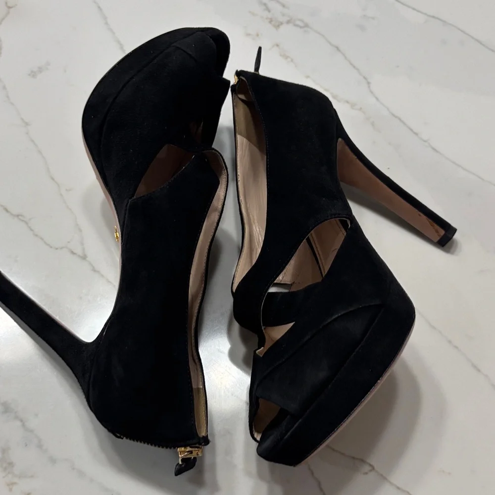 Prada Black Suede Heels with Gold Zipper - Picture 10 of 17